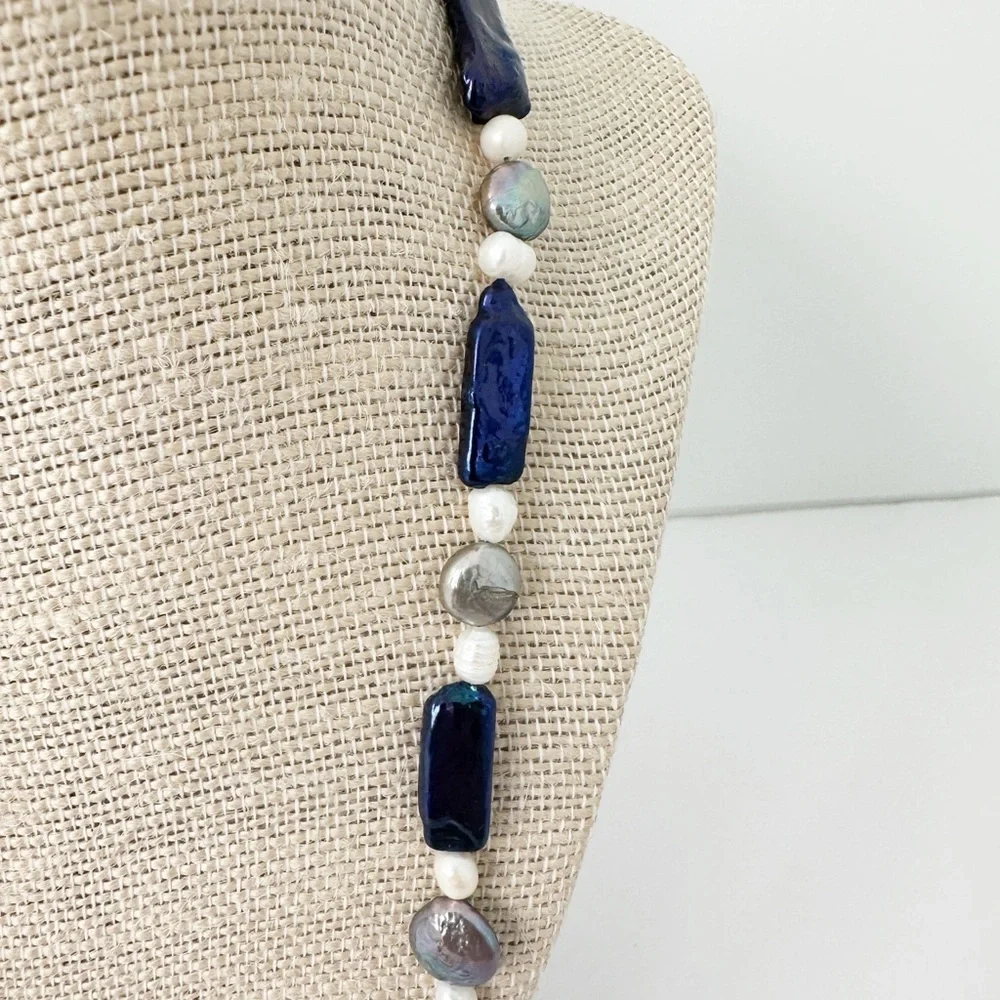 NWT Genuine Blue Pearls, Gray Pearls & White Pearls Necklace Beaded - Picture 3 of 6
